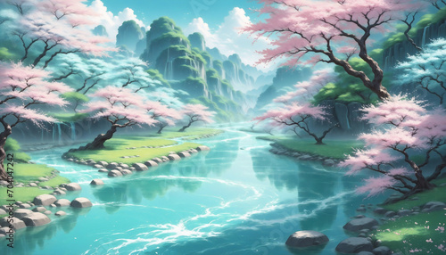 Oil painting of CherryBlossom over the beautiful winding river