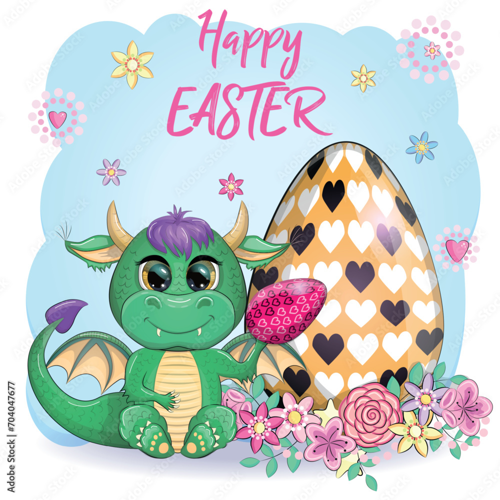 Cute cartoon green baby dragon with an easter egg. Symbol of 2024 according to the Chinese calendar