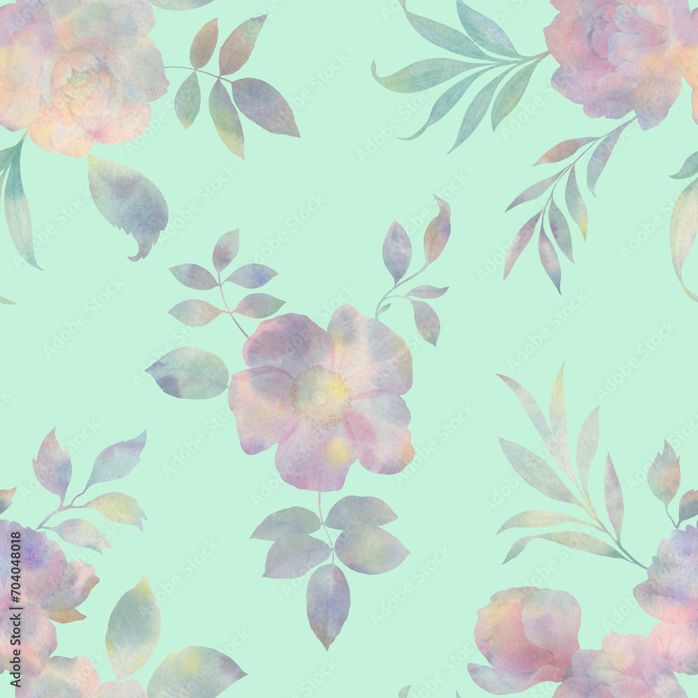 watercolor seamless pattern, peony flowers with leaves, hand drawn illustration on green background watercolor seamless pattern, peony flowers with leaves, hand drawn illustration on green background
