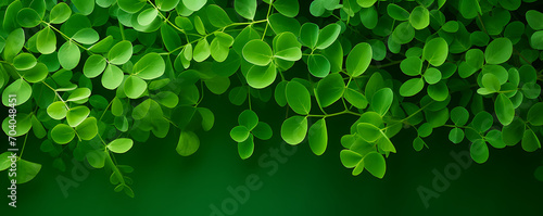 Top view of fresh moringa leaves on a green background, providing ample copy space photo