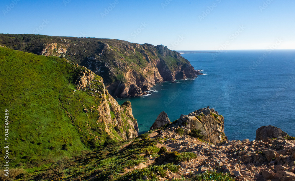 Cabo de Roca or Roca cape, most western point of Europe, where the mainland ends and the Atlantic begins, landscape Cabo de Roca or Roca cape, most western point of Europe, where the mainland ends and the Atlantic begins, landscape