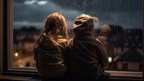 Children sitting on the windowsill, looking at a thunderstorm outside the window