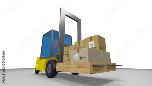 Forklift Operator use forklift to lift and move packages from one place to another. 3d render. 