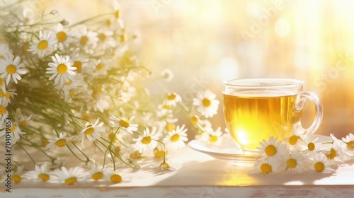 Herbal chamomile tea and chamomile flowers next to a teapot and a tea glass.