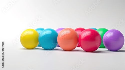 Colored balls for fitness and taps for stretching laid on a white background