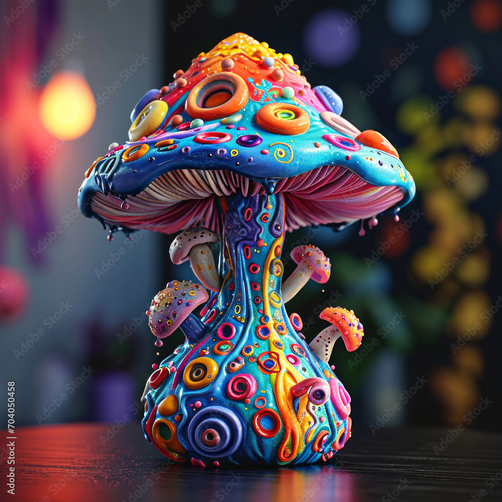 Colorful 3D illustration psychedelic mushroom