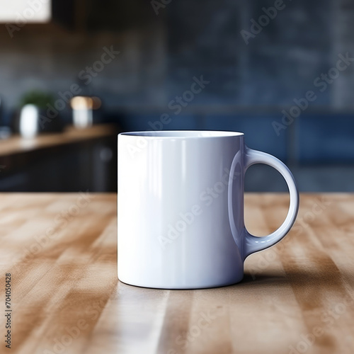 A blank white mug mockup, in the kitchen, realistic style