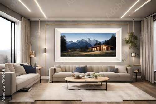 A Canvas Frame for a mockup elegantly framed by recessed lighting  encapsulating the state-of-the-art essence of a modern family room with smart home features.