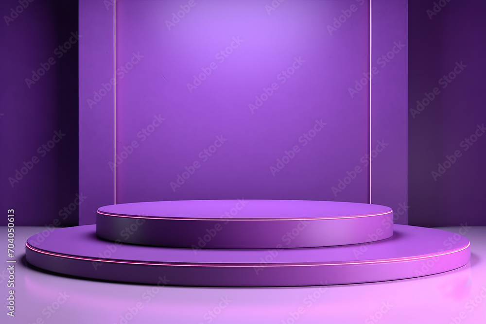 3D purple podium with round textured background on the floor with lighting, minimalistic style 3D purple podium with round textured background on the floor with lighting, minimalistic style