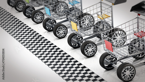 Shopping carts with sports tyres and a spoiler waiting at the start line. 3D illustration