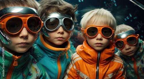 Four boys in colored clothes and glasses photo