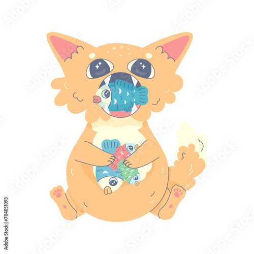 Cute ginger cat with big mouth eating fish  kawaii comical   vector illustration