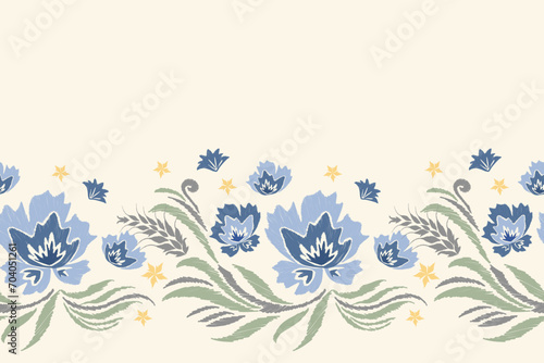 Ethnic Floral pattern  seamless frame border blue flowers Ikat design paisley embroidery with floral motifs. Ethnic pattern oriental traditional. Spring summer flower  vector illustration. 