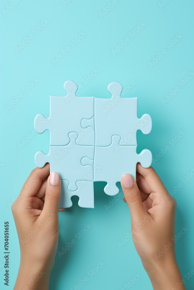 Four puzzle pieces in Caucasian female hands on blue background, Four puzzle pieces in Caucasian female hands on blue background,