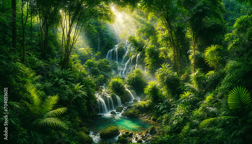 Tropical Rainforest with Cascading Waterfall photo