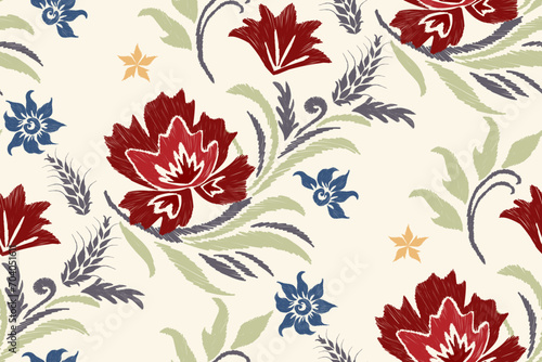 Vintage Floral pattern seamless background border .Red flowers Ikat design paisley embroidery with floral motifs. Ethnic pattern oriental traditional. Spring summer flower vector illustration. 