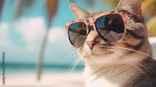 Beautiful cat on vacation on the beach sunbathing with cap and glasses © Jess rodriguez