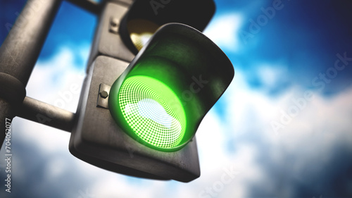 Traffic lamp with green light on against blue background. 3D illustration photo