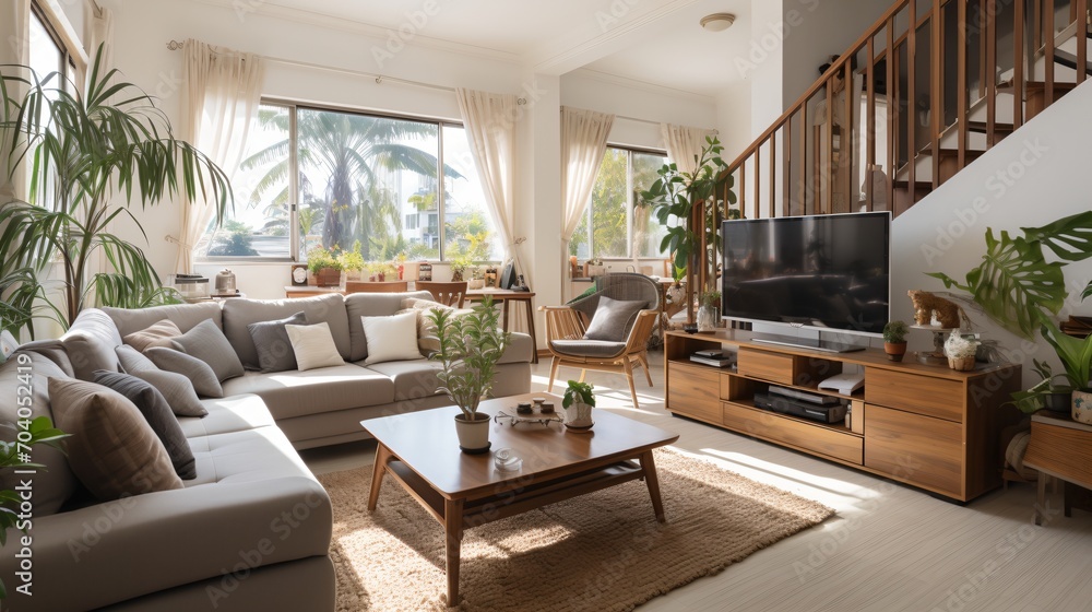 Fototapeta premium A bright and airy living room with a large windows