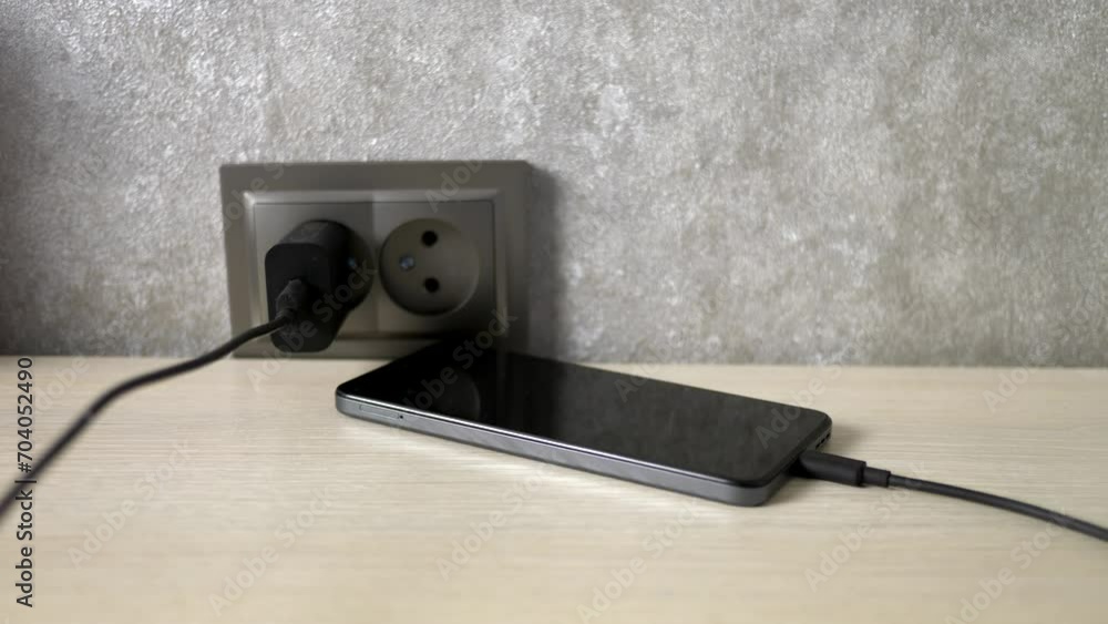 Close-up of a man plugs the phone charger into a socket to charge his smartphone. Close-up of a man plugs the phone charger into a socket to charge his smartphone.