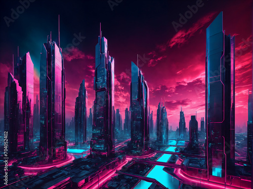 Modernity, progress and cosmopolitanism: futuristic style of architecture and design of high-rise buildings with neon lighting and reflections on waterways in the evening panorama of the place with an photo