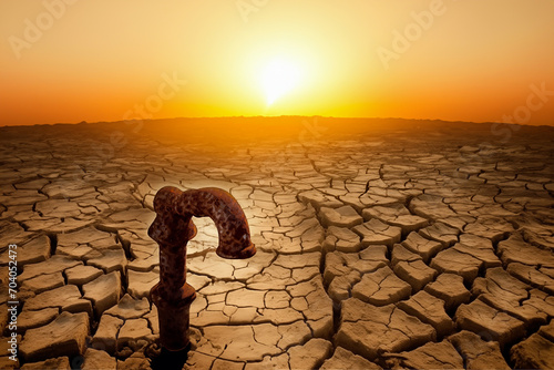 Drought land, Dries, Global drought. Water faucet in Dry cracked earth. Water crisis and World Climate change. Dried earth in Water crisis in nature. No freshwater in desert. Cracked dried earth soil