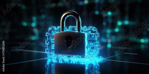Padlock with keyhole on background of neon chain connections, network glowing in the dark. Creative idea for internet security, encryption and personal data protection.