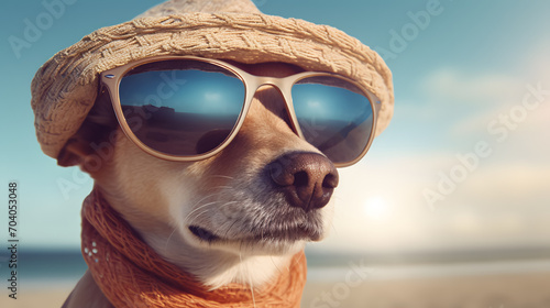 beautiful dog on beach vacation with hat and sunglasses sunbathing photo