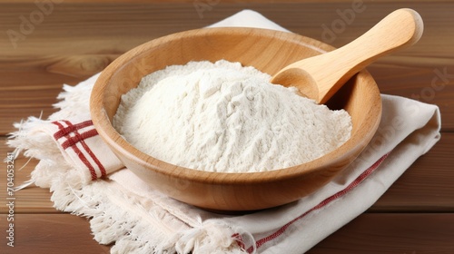 A bowl of flour with a wooden spoon