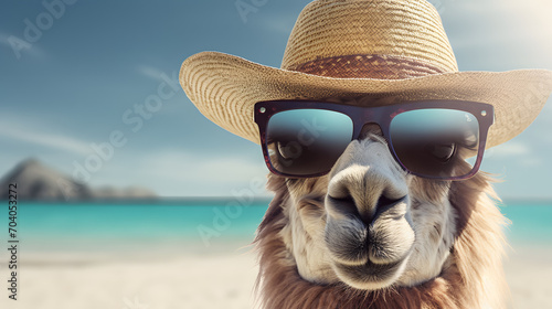 llama with glasses and hat sunbathing on the beach - concept of enjoying vacation photo