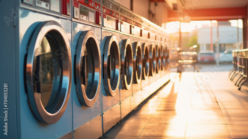 Row of blue washing machines in a public laundromat, with bright sunlight, laundry day. Self-Service Laundry in urban Living. Community Services in daily Routines photo