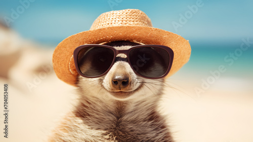 meerkat with glasses and hat sunbathing on the beach concept of enjoying vacation © Jess rodriguez