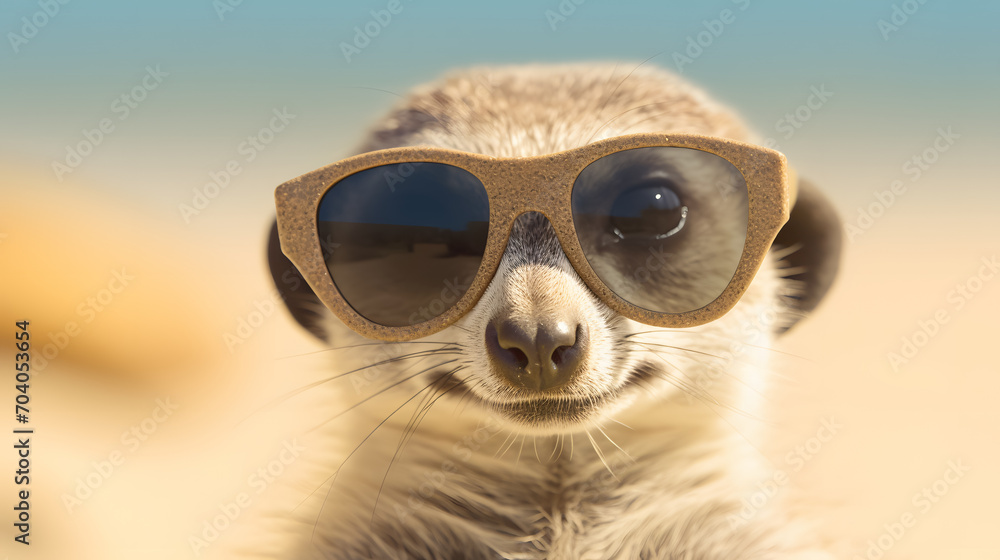 meerkat with glasses sunbathing on the beach concept of enjoying vacation - obrazy, fototapety, plakaty 