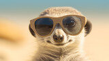 meerkat with glasses sunbathing on the beach concept of enjoying vacation