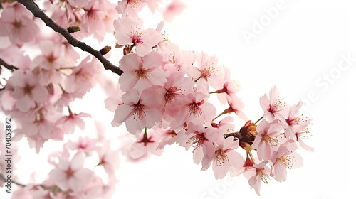 Cherry blossoms branch on white background. Minimalistic design. Copy space