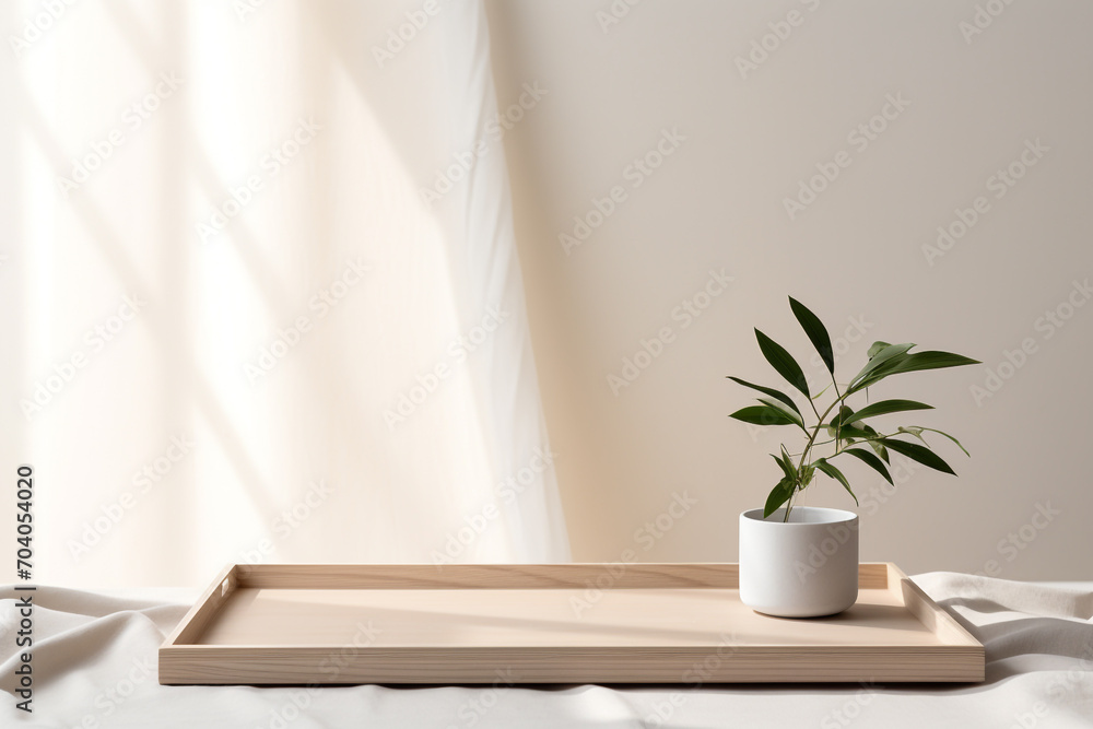 Fototapeta premium Still life, nature, interior and design concept. Green plant in pot placed on wooden pallet in front of bright blank wall background with copy space. Natural soft light