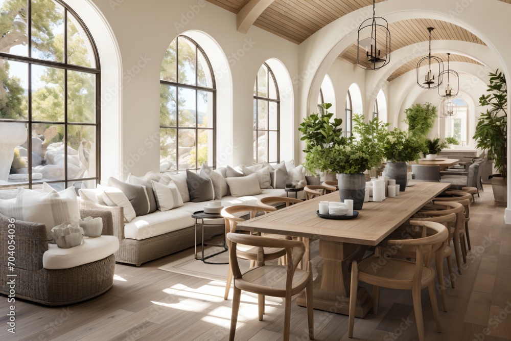 Fototapeta premium Modern luxury living room and dining room with vaulted ceiling