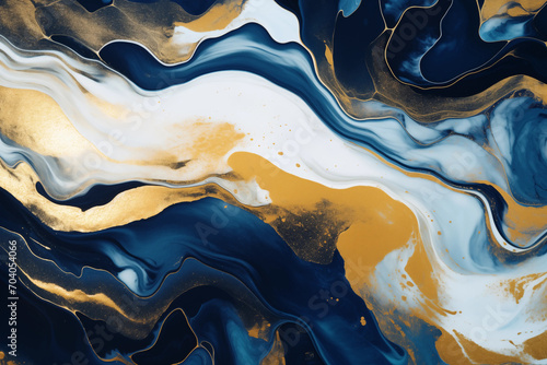 Abstract marble marbled stone ink liquid fluid painted painting texture luxury background banner - Dark blue swirls gold painted splashes