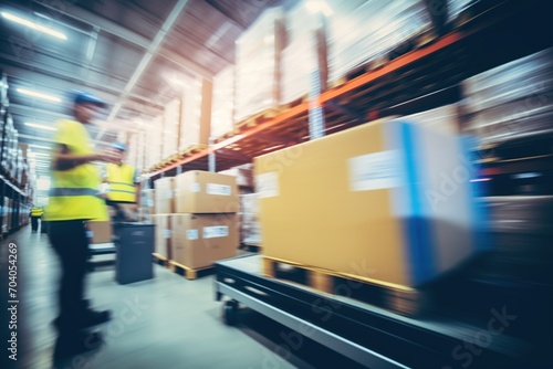 Warehouse workers in motion blur pushing a loaded pallet truck