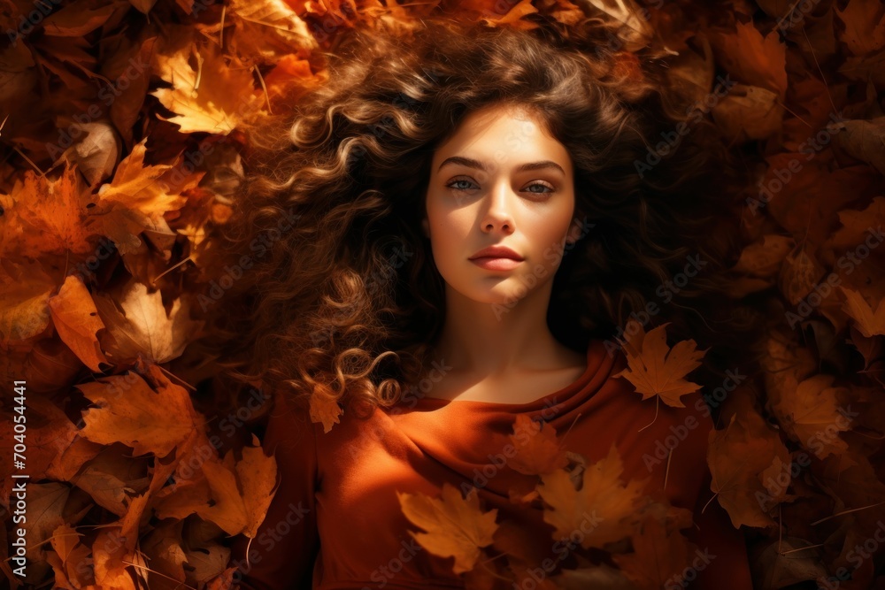 Beautiful young woman lying in autumn leaves Beautiful young woman lying in autumn leaves