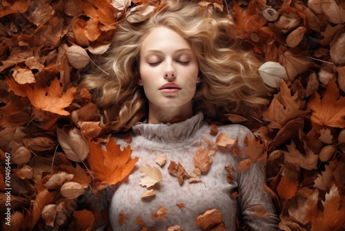Beautiful young woman lying in autumn leaves 