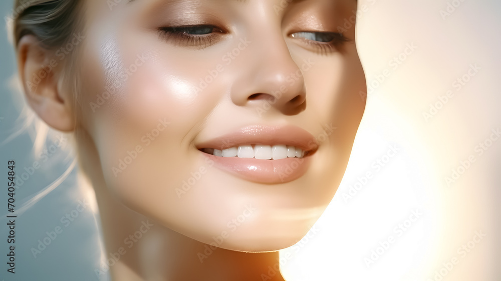 A close shot emphasizing the flawless complexion of a beautiful woman, a result of her disciplined and effective skincare journey A close shot emphasizing the flawless complexion of a beautiful woman, a result of her disciplined and effective skincare journey
