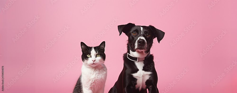 Black cat and white dog together. Pets background. Banner with pets