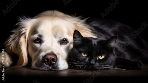 Black cat and white dog lying together on the floor. Pets background. Banner with pets