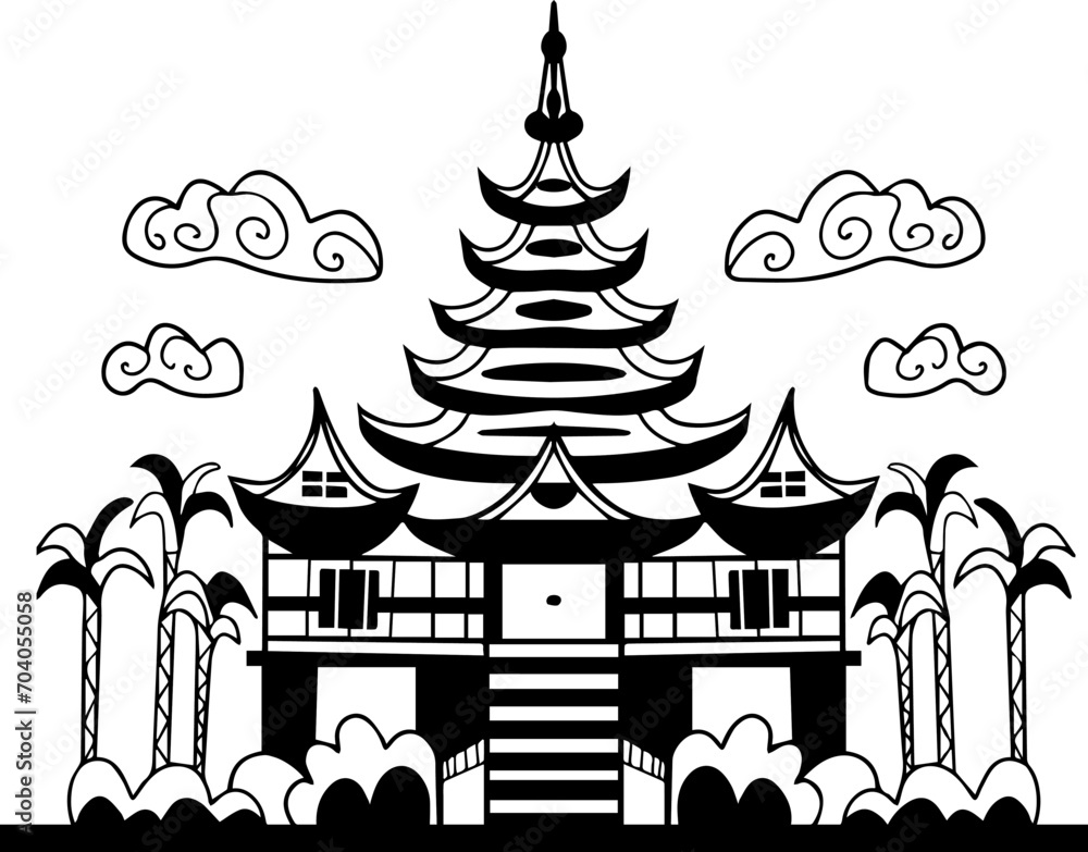 Japanese house. Asian traditional architecture of buildings isolated on white. Country national symbol for travel. Travel Chinese vector black and white with japanese. vector illustration