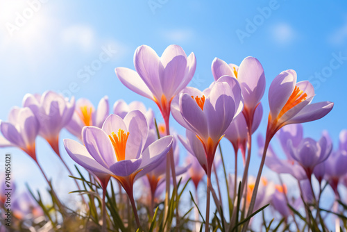 Purple crocus spring flower in front of blue sky