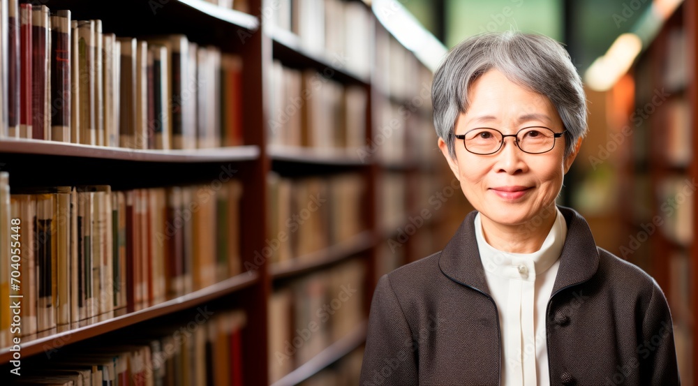 Portrait of an asian senior woman posing in a library, horizontal background, copy space for text Portrait of an asian senior woman posing in a library, horizontal background, copy space for text