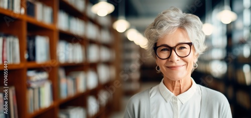 Portrait of a senior woman posing in a library, horizontal background, copy space for text