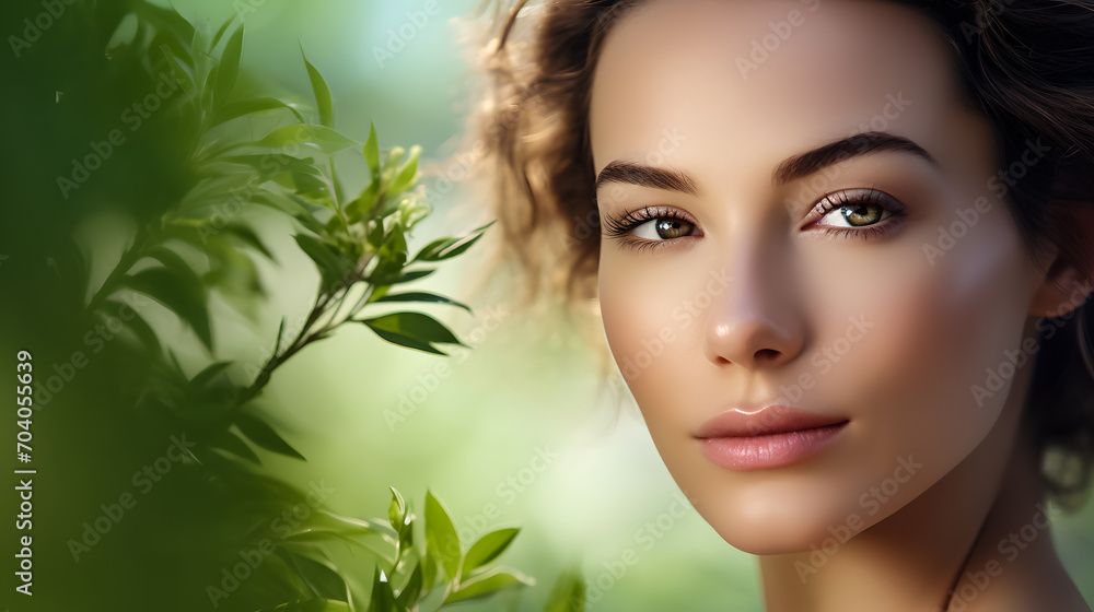 close-up of the face of a beautiful woman with the perfect complexion thanks to a skin care routine on a green natural background close-up of the face of a beautiful woman with the perfect complexion thanks to a skin care routine on a green natural background