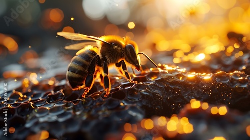 Close-up of a bee pollinating honeycombs at sunset
